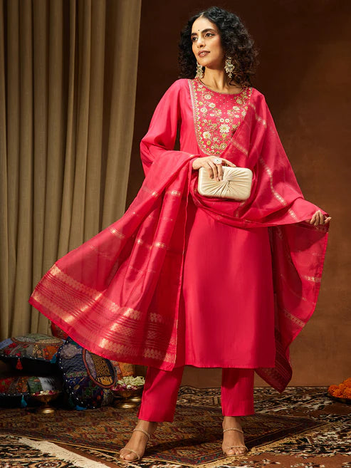 Saheli Women's Pink Chanderi Silk Zari Yoke Embroidered Straight Kurta Set