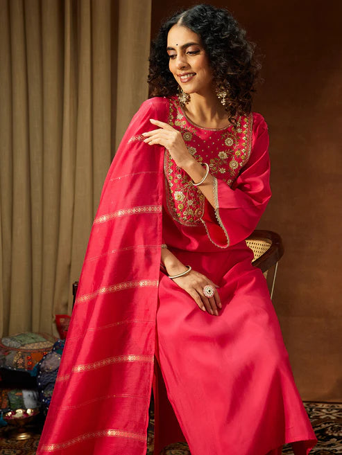 Saheli Women's Pink Chanderi Silk Zari Yoke Embroidered Straight Kurta Set