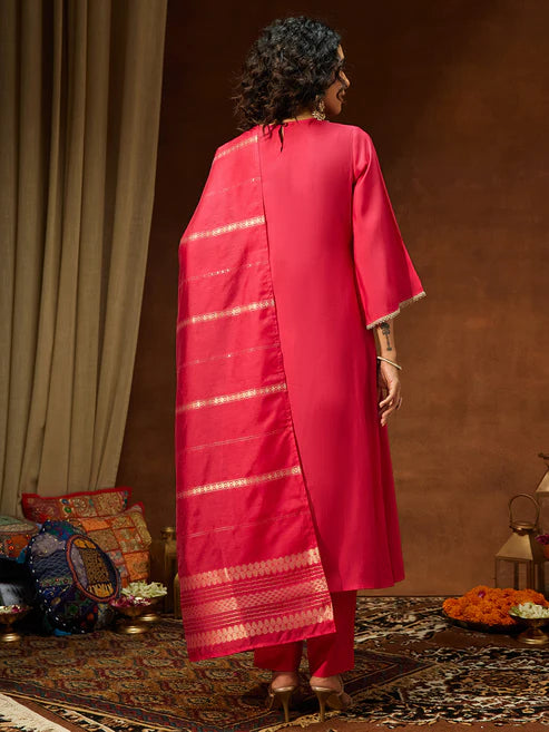 Saheli Women's Pink Chanderi Silk Zari Yoke Embroidered Straight Kurta Set