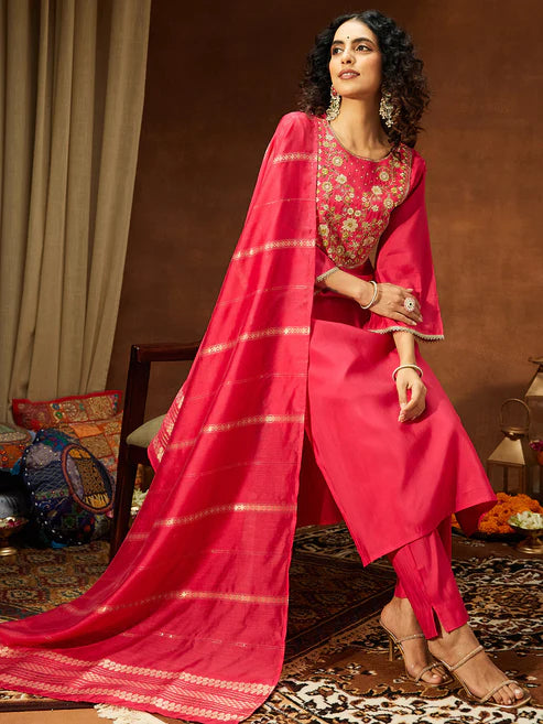Saheli Women's Pink Chanderi Silk Zari Yoke Embroidered Straight Kurta Set