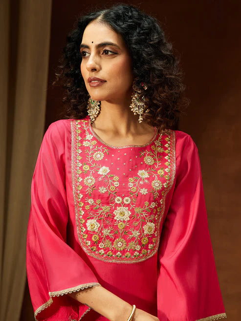 Saheli Women's Pink Chanderi Silk Zari Yoke Embroidered Straight Kurta Set