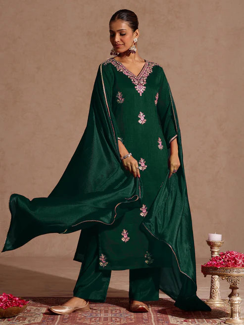 Saheli Women's Bottle Green Silk Blend Zari Embroidered Straight Kurta Set