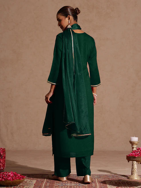 Saheli Women's Bottle Green Silk Blend Zari Embroidered Straight Kurta Set