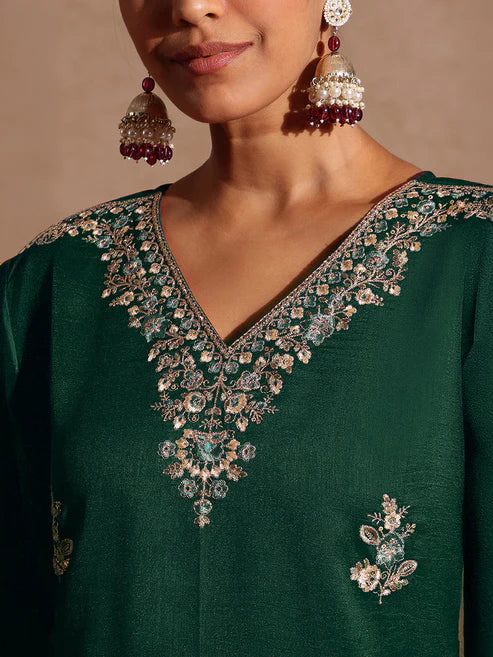 Saheli Women's Bottle Green Silk Blend Zari Embroidered Straight Kurta Set