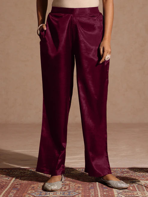 Saheli Women's Maroon Silk Blend Embroidered Straight Kurta Set