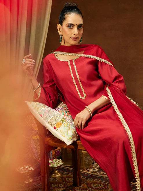 Saheli Women's Maroon Chanderi Silk Yoke Design Straight Kurta Set