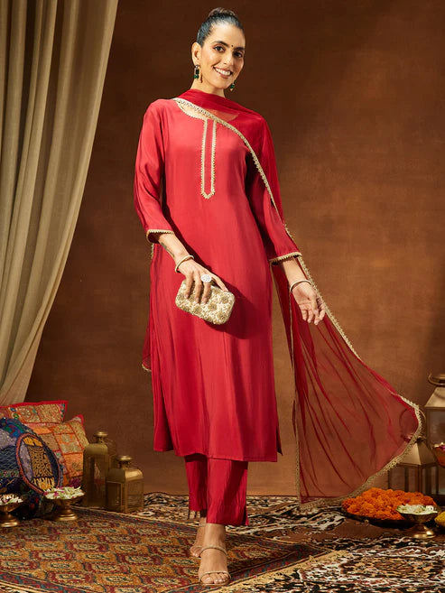 Saheli Women's Maroon Chanderi Silk Yoke Design Straight Kurta Set