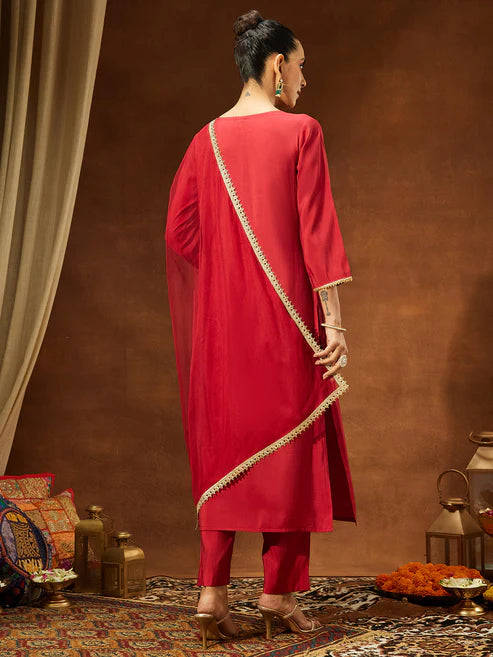 Saheli Women's Maroon Chanderi Silk Yoke Design Straight Kurta Set