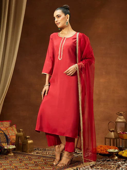 Saheli Women's Maroon Chanderi Silk Yoke Design Straight Kurta Set