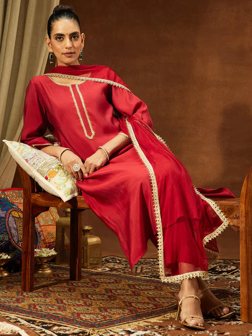 Saheli Women's Maroon Chanderi Silk Yoke Design Straight Kurta Set