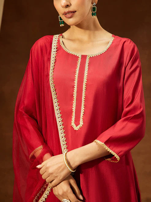 Saheli Women's Maroon Chanderi Silk Yoke Design Straight Kurta Set