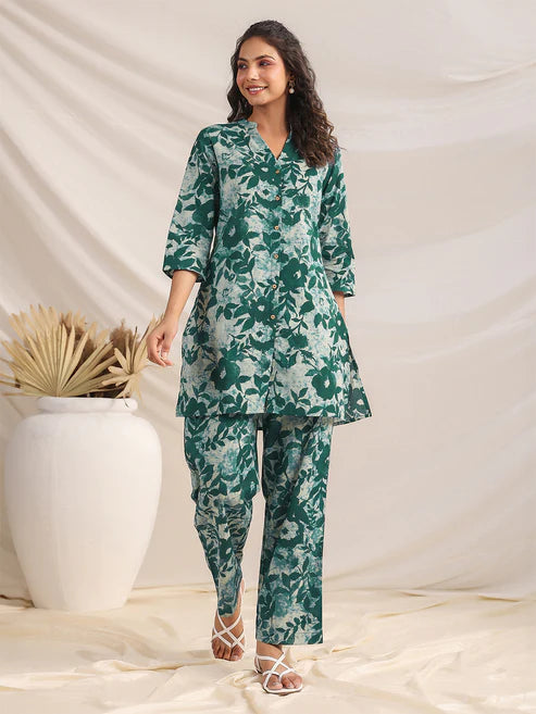 Saheli Green Pure Cotton Floral Printed A-line Co-ord Set