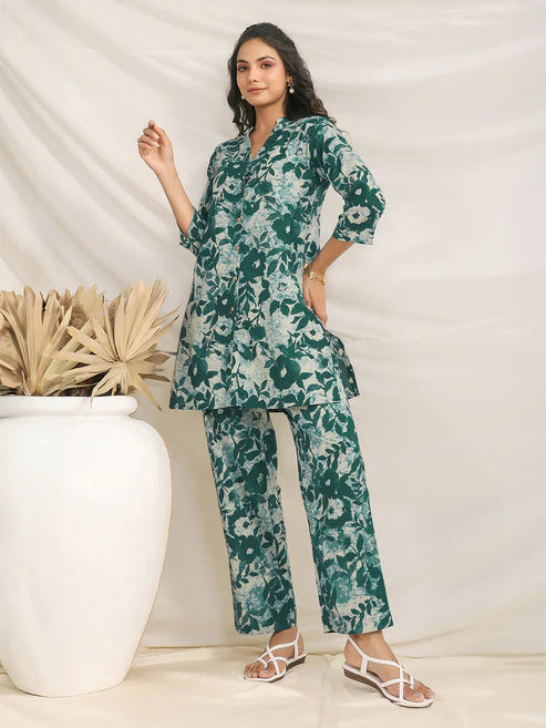 Saheli Green Pure Cotton Floral Printed A-line Co-ord Set