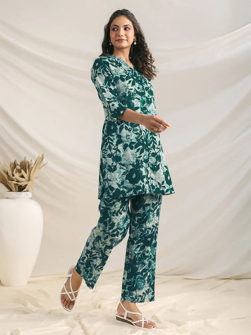 Saheli Green Pure Cotton Floral Printed A-line Co-ord Set