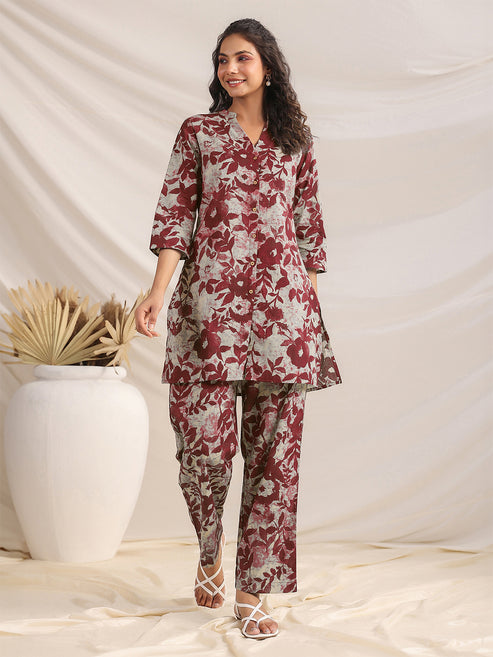 Saheli Maroon Pure Cotton Floral Printed Straight Co-ord Set