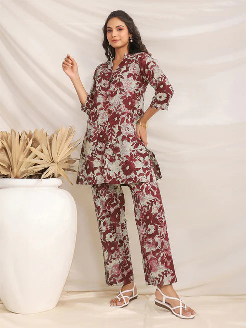 Saheli Maroon Pure Cotton Floral Printed Straight Co-ord Set