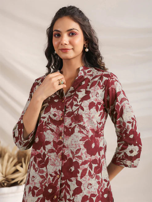 Saheli Maroon Pure Cotton Floral Printed Straight Co-ord Set