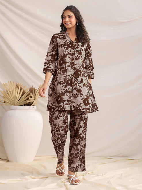 Saheli Brown Pure Cotton Floral Printed Straight Co-ord Set