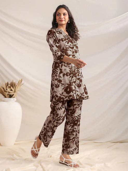 Saheli Brown Pure Cotton Floral Printed Straight Co-ord Set