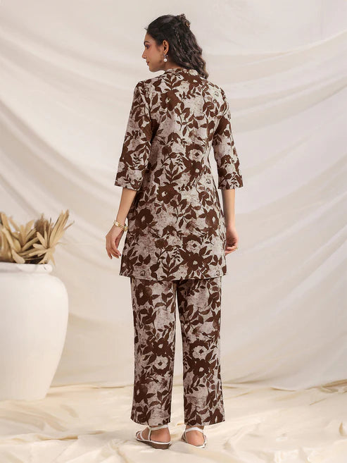 Saheli Brown Pure Cotton Floral Printed Straight Co-ord Set
