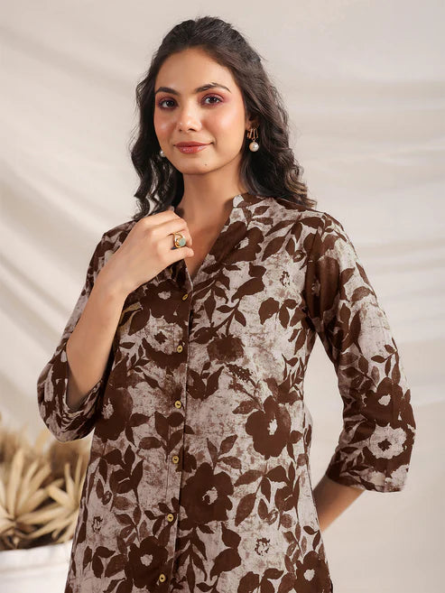 Saheli Brown Pure Cotton Floral Printed Straight Co-ord Set
