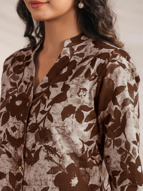 Saheli Brown Pure Cotton Floral Printed Straight Co-ord Set