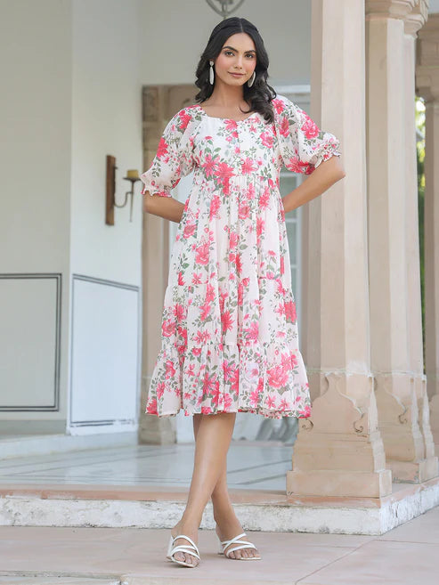 Saheli Cream Georgette Floral Printed Tiered Dress