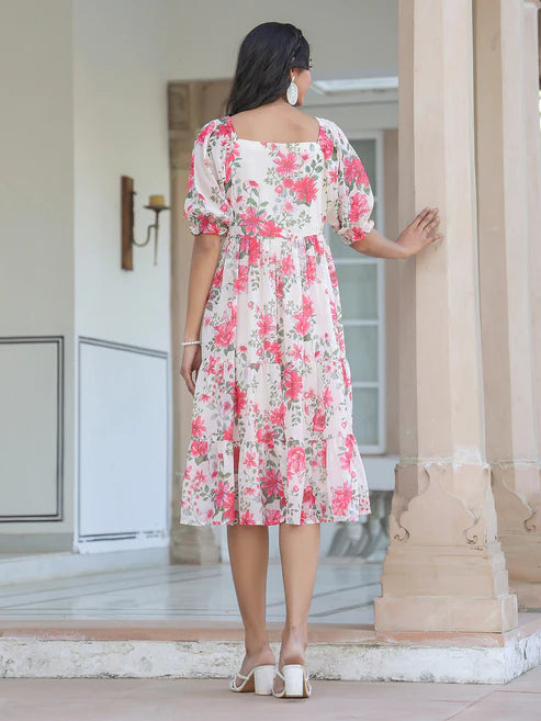 Saheli Cream Georgette Floral Printed Tiered Dress