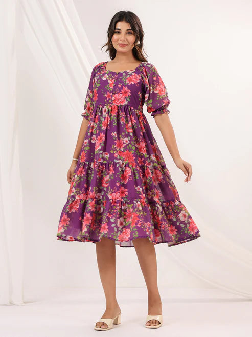 Saheli Women's Purple Georgette Floral Printed Tiered Dress