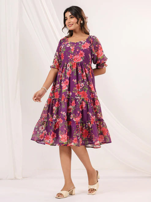 Saheli Women's Purple Georgette Floral Printed Tiered Dress