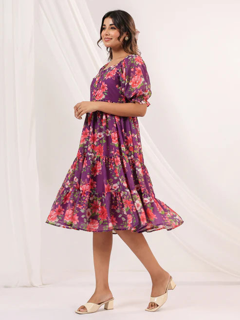 Saheli Women's Purple Georgette Floral Printed Tiered Dress