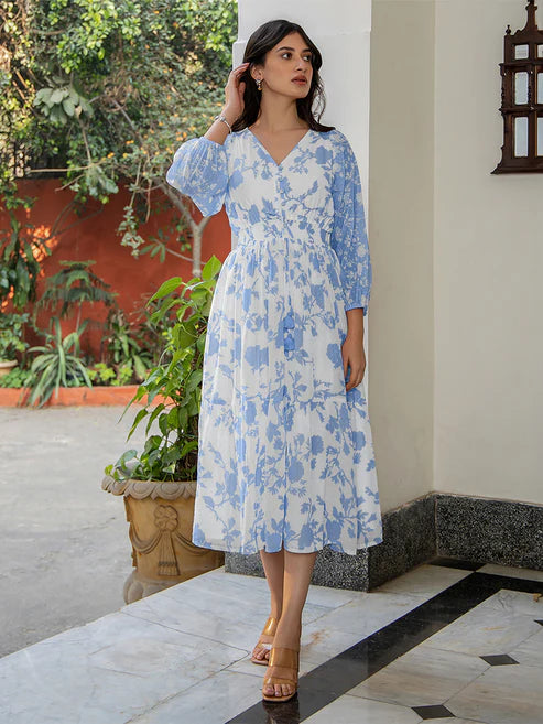 Saheli Light Blue Dobby Georgette Floral Printed Fit & Flare Dress