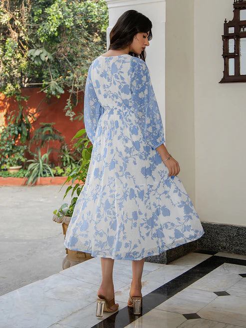 Saheli Light Blue Dobby Georgette Floral Printed Fit & Flare Dress
