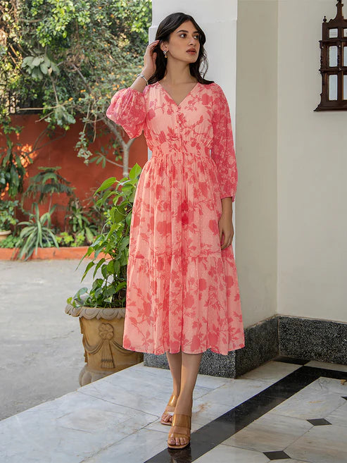 Saheli Coral Pink Georgette Floral Printed Fit & Flare Dress