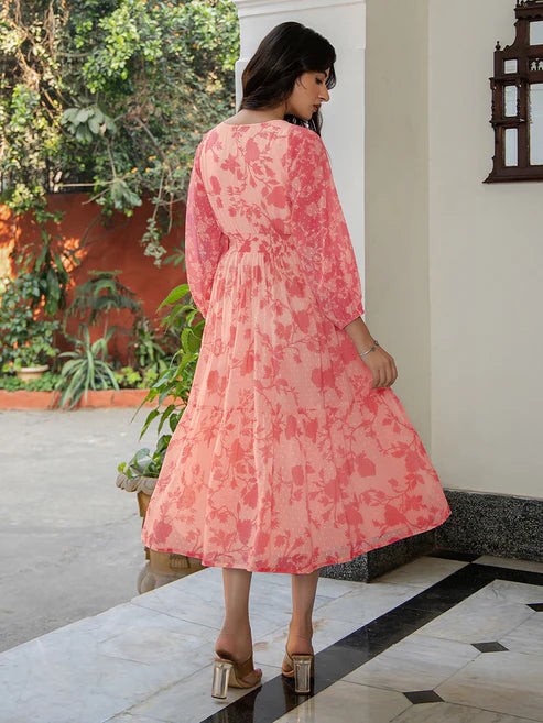 Saheli Coral Pink Georgette Floral Printed Fit & Flare Dress