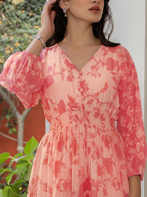 Saheli Coral Pink Georgette Floral Printed Fit & Flare Dress