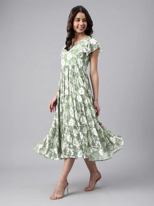 Saheli Sage Green Georgette Abstract Printed Tiered Dress