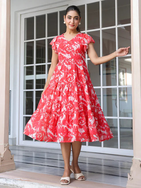 Saheli Red Georgette Abstract Printed Tiered Dress