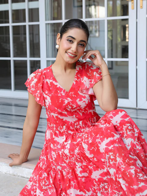 Saheli Red Georgette Abstract Printed Tiered Dress