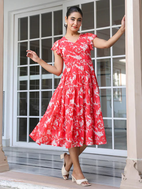 Saheli Red Georgette Abstract Printed Tiered Dress