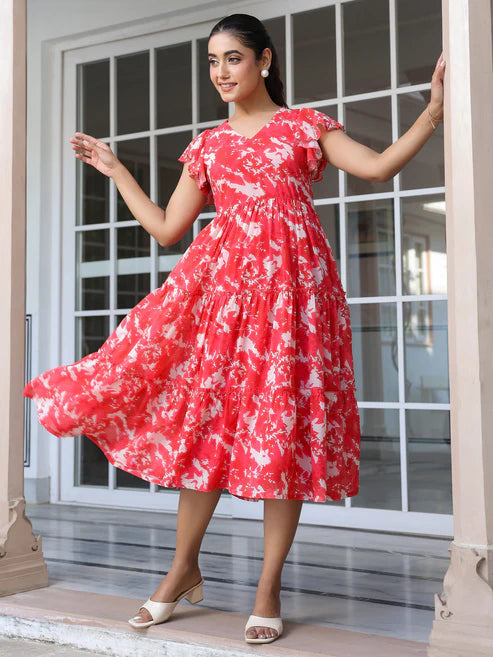 Saheli Red Georgette Abstract Printed Tiered Dress