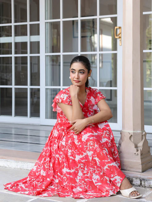 Saheli Red Georgette Abstract Printed Tiered Dress