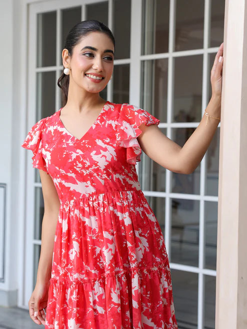 Saheli Red Georgette Abstract Printed Tiered Dress