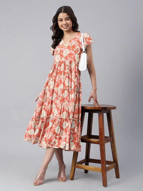 Saheli Orange Georgette Abstract Printed Tiered Dress