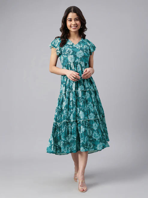 Saheli Teal Blue Georgette Floral Printed Tiered Dress