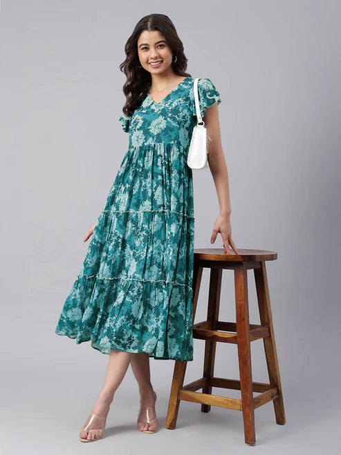 Saheli Teal Blue Georgette Floral Printed Tiered Dress