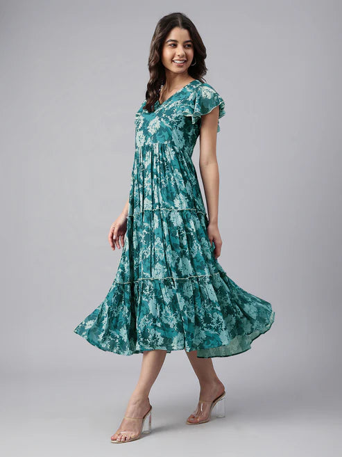 Saheli Teal Blue Georgette Floral Printed Tiered Dress