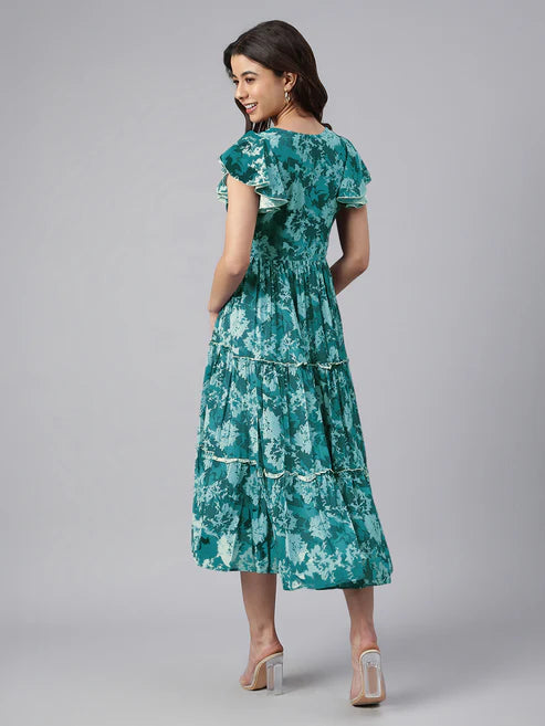 Saheli Teal Blue Georgette Floral Printed Tiered Dress