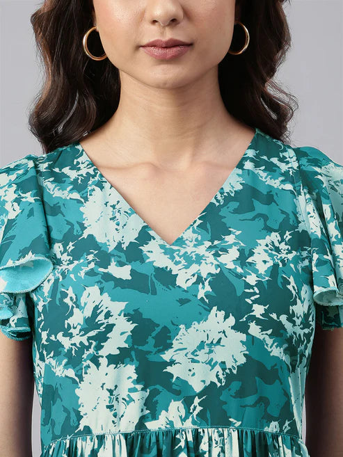 Saheli Teal Blue Georgette Floral Printed Tiered Dress