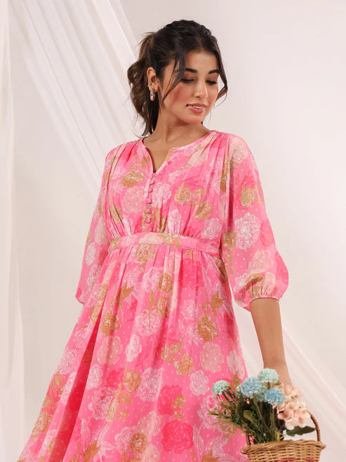 Saheli Women's Pink Georgette Floral Printed A-line Dress